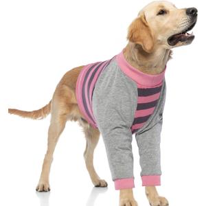 FUAMEY Dog Recovery Sleeve with Elbow Protector,Dogs Shirt Stop Licking Joints,Pet Long Sleeve Suit Protecting Dog's Front Leg Arm Wounds Cover Skin Conditions Pink Stripes L