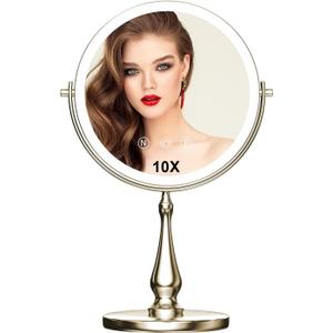 9 "Large Light Makeup Mirror, 1x / 10x True HD Magnifying Mirror, 3-Color Light dimmable, 2 Rechargeable Makeup Mirrors 360 Rotation, Standing Desk Makeup Mirror, Brush Nickel (14.2"L x 8.7"W)