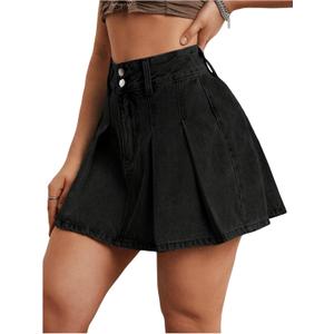 Milumia Women's Pleated Denim Skirt Trendy High Waisted Mini Jean Skater Skirts (Medium, Black)