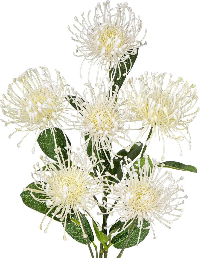 Hollyone 33" Cream White Artificial Mums Flowers Chrysanthemum Flowers 2Pcs Spider Mum Flower Arrangement Faux Pincushion Flower with 3 Heads Long Stem for Centerpiece Bouquet Home Decor