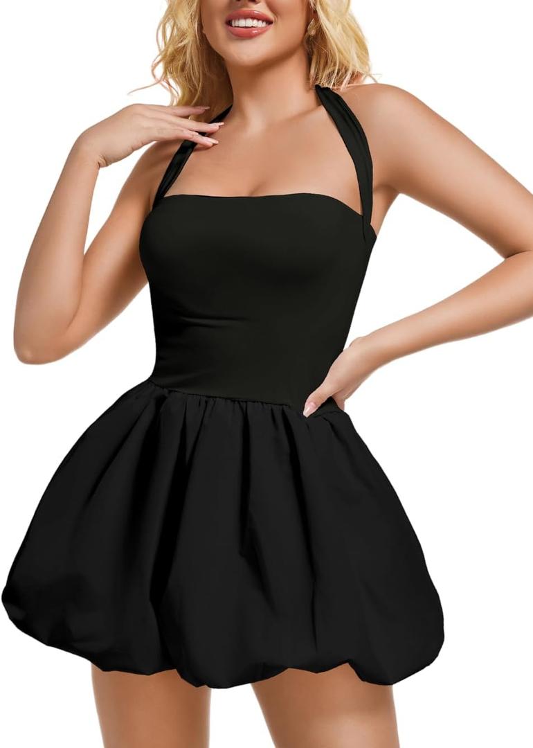 Halter Mini Bubble Dress, Date Night Birthday Homecoming, Coquette Short Corset for Women, Sexy Cute Going Out (Medium, Black)