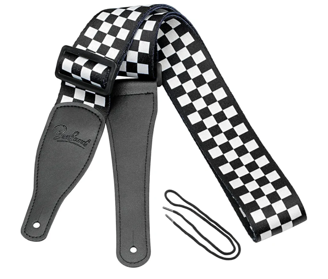 BestSounds Guitar Strap, Bass Guitar Strap, Electric and Acoustic Guitar Straps - Durable Nylon Checkered Guitar Shoulder Strap with Leather Ends (Black and White Checkered)