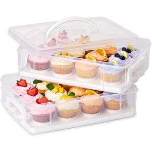 Snapware (2-Layer, 24 Cupcakes Plastic Detachable Cupcake Carrier Storage Container With Lid and Handle, Freezer Dishwasher Microwave Safe (14.25" L x 10.5" W)