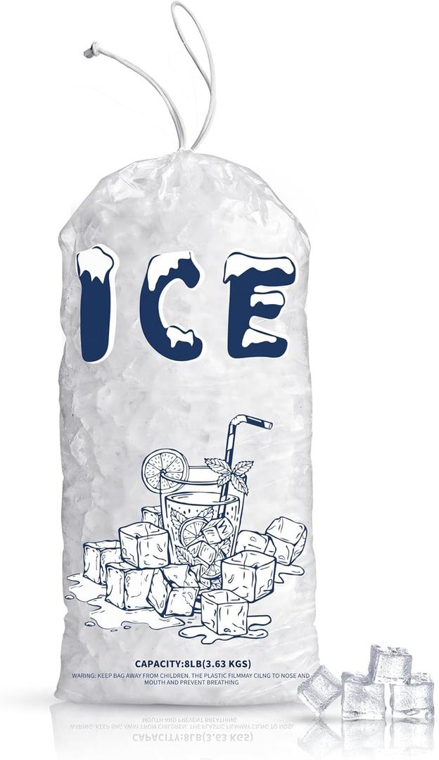 100 Pack Plastic Ice Bags 8 lb, Heavy-Duty Ice Bags 19 x 11 inch with Drawstring(2 Mils Thickness)