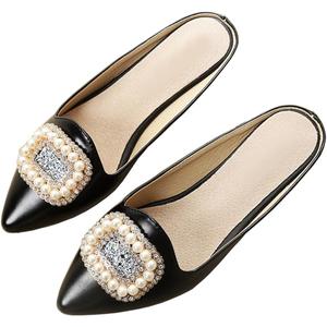 Rhinestone Mules for Women Flats Shoes Slip On Backless Loafer Pointed Toe Dress Mule Slides (6, Pu/Black)