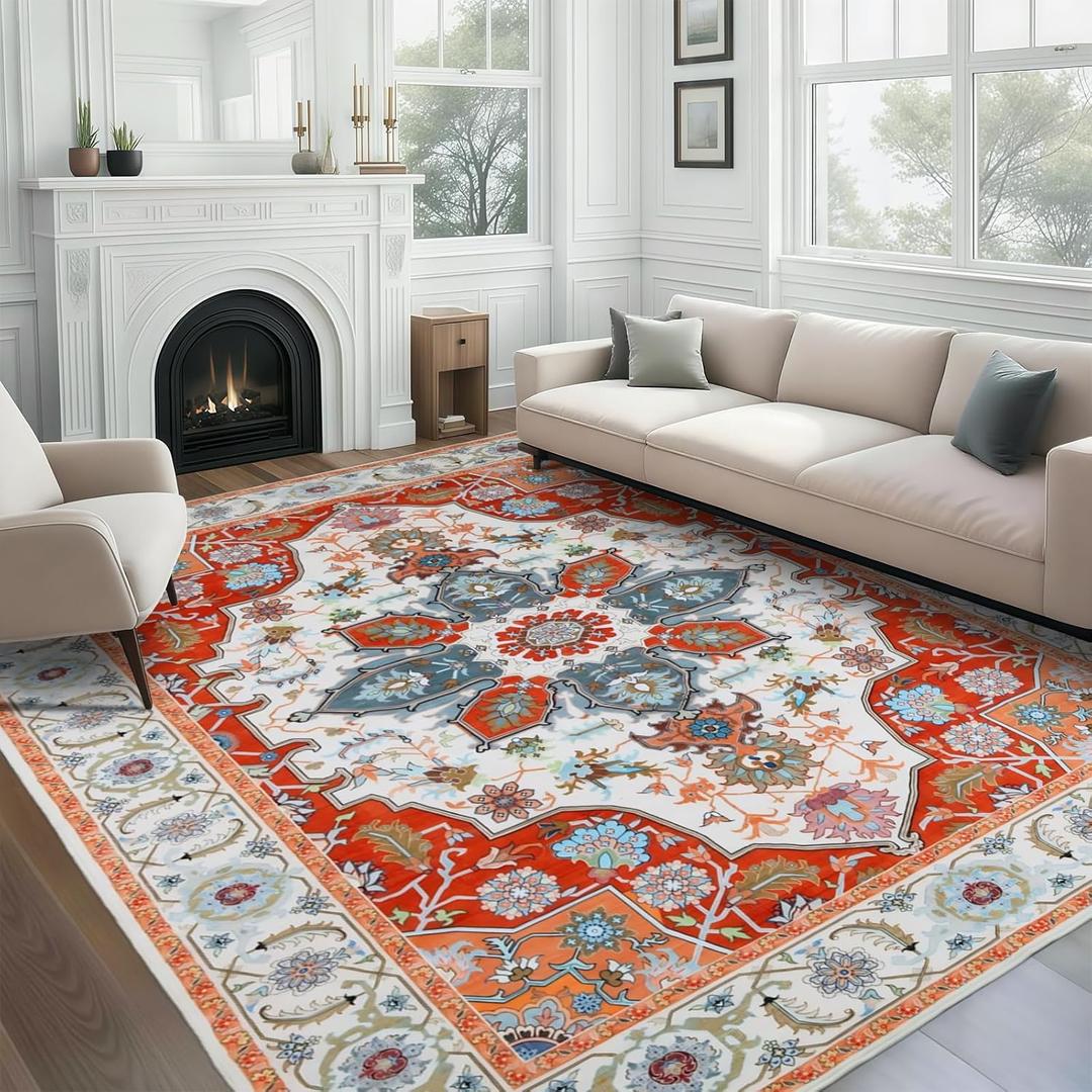WILLSUN Washable Area Rugs, 8x10 Non-Slip Boho Large Area Rugs for Living Room, Bedroom, Machine Washable Vintage Rug, Indoor Floral Print Carpet for Home Decor, Kid & Pet Friendly Mat (Orange)