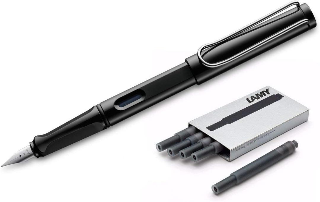 LAMY Safari Fountain Pen (19M) Black & 5 Black Ink Cartridges (LT10BK, L19BKM)