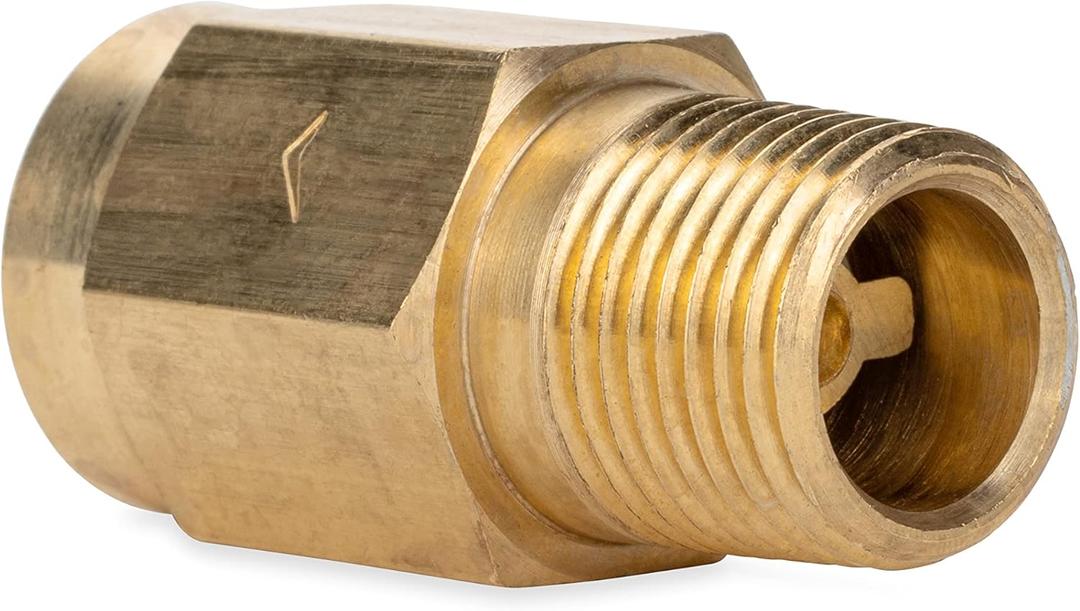 Camco RV Water Heater Backflow Preventer | Features a Heavy-Duty Brass with a Stainless Spring Construction and a 1/2-Inch Male x Female NPT (23303)