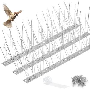 Bird Spikes Outdoor Use Bird Deterrent Spikes with Stainless Steel Base for Small Bird Pigeons Crows and Woodpeckers Fence Roof and Wall (3ft /3 Strips)