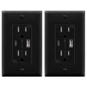 TOPGREENER 2-Port USB Outlet, Type C USB Wall Outlet, 15 Amp Tamper Resistant Receptacle Plug, USB Outlets Receptacles, Wall Plate Included, UL Listed, TU21536AC-BK-2PCS, Black, 2 Pack