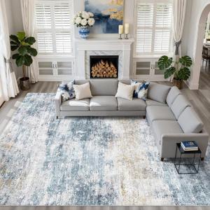 10x13 Area Rug Living Room: Washable Large Neutral Rug Abstract Soft Modern Stain Resistant Indoor Floor Non-Slip Carpet for Bedroom Nursery Kids Office Playroom Dining Room Under Table- Blue Gold