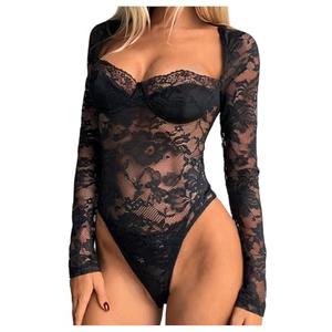 SweatyRocks Women's Sheer Lace Long Sleeve Underwire Bodysuit Corset Tops Skinny Leotard (Black, Small)