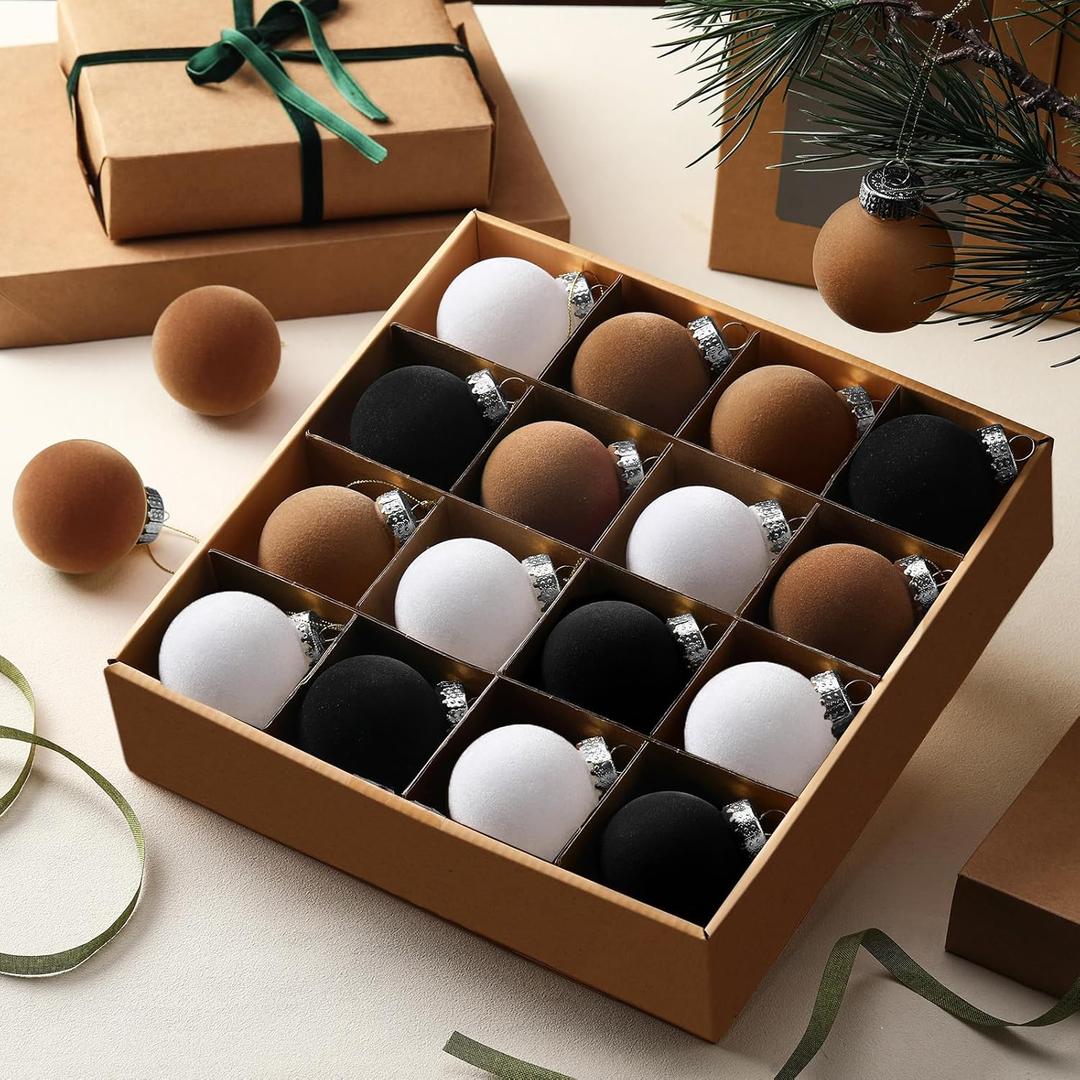 15 Pcs Velvet Christmas Ornaments 2.36 Inch Neutral Shatterproof Plastic Velvet Balls Flocked Ornaments for Christmas Tree Hanging Decorations (Black,White,Brown)