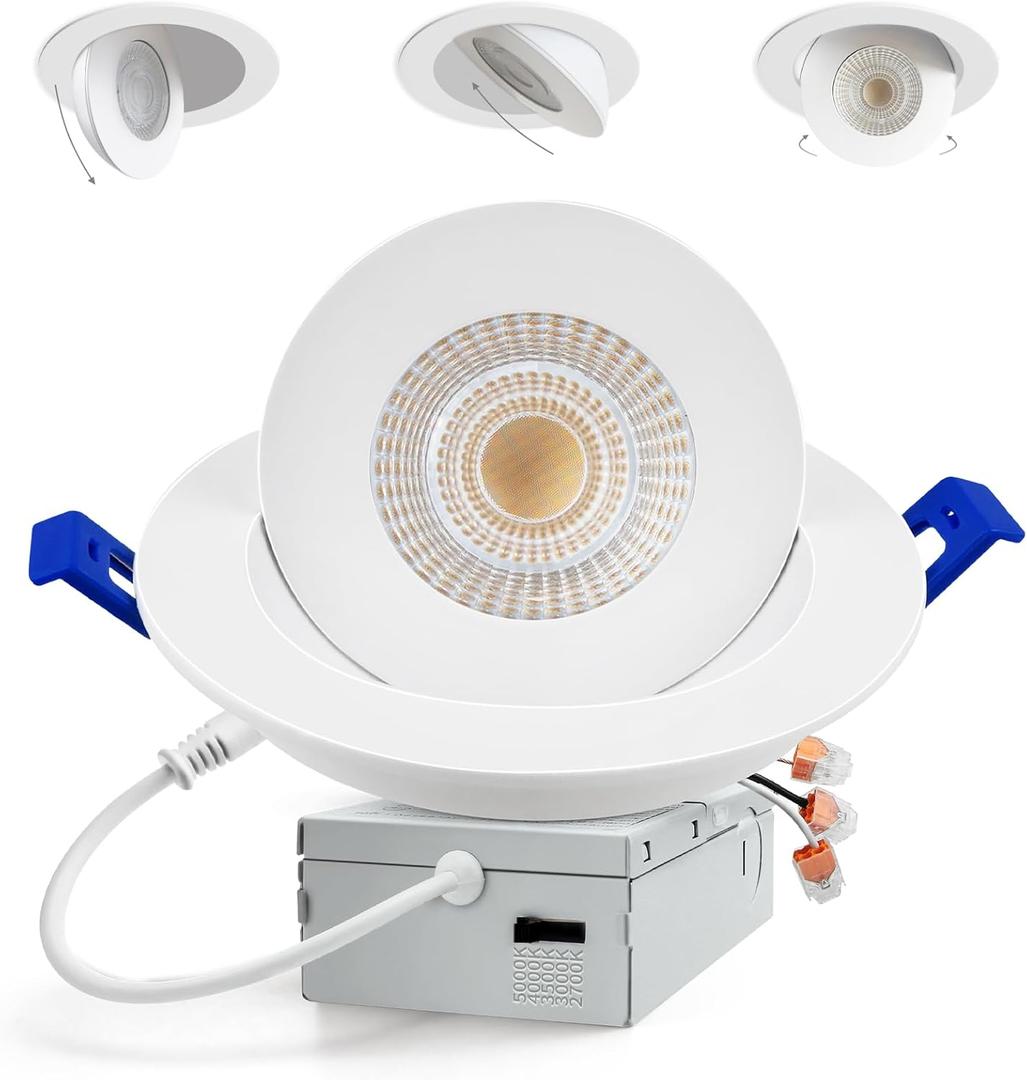 Adetu Led Recessed Lighting 6 inch, 360+90 Adjustable Directional Gimbal 6 inch Led Recessed Light, 2700K-5000K 5CCT Dimmable Retrofit Eyeball Can Recessed Lights with Jbox, ET (White,1 Pack)