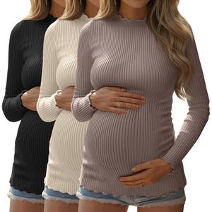 Huukeay 3 Pack Women's Maternity Shirts Ribbed Knit Pregnancy Tops Long Sleeve Mock Neck Basic Tunic Fall Clothes S