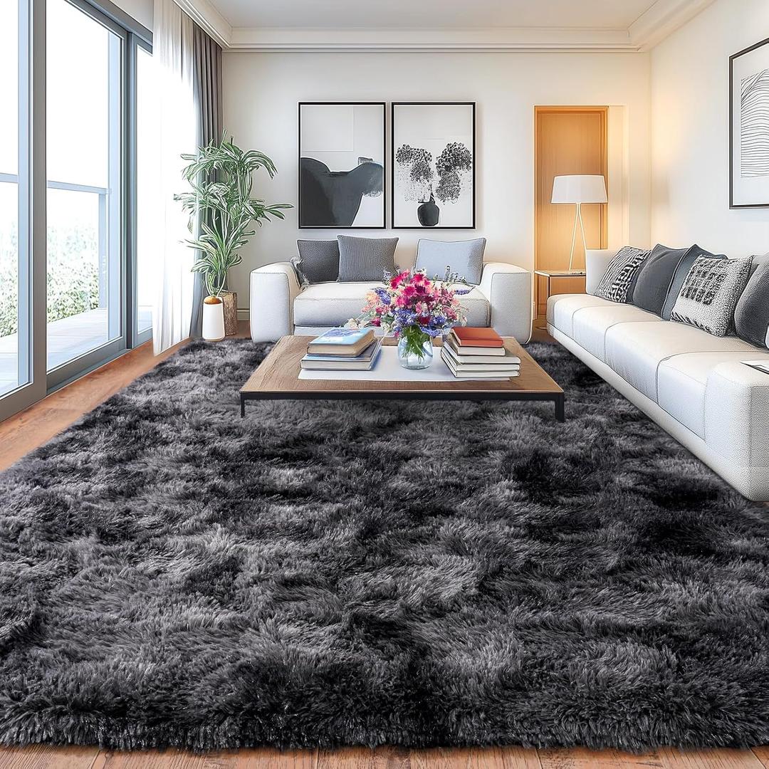 Shaggy Area Rugs, Fuzzy Rugs for Living Room, Soft Nursery Area Rug for Girls, Tie Dye Black Gray Plush Area Rugs Non Slip, Fluffy Rug Carpet 8x10ft