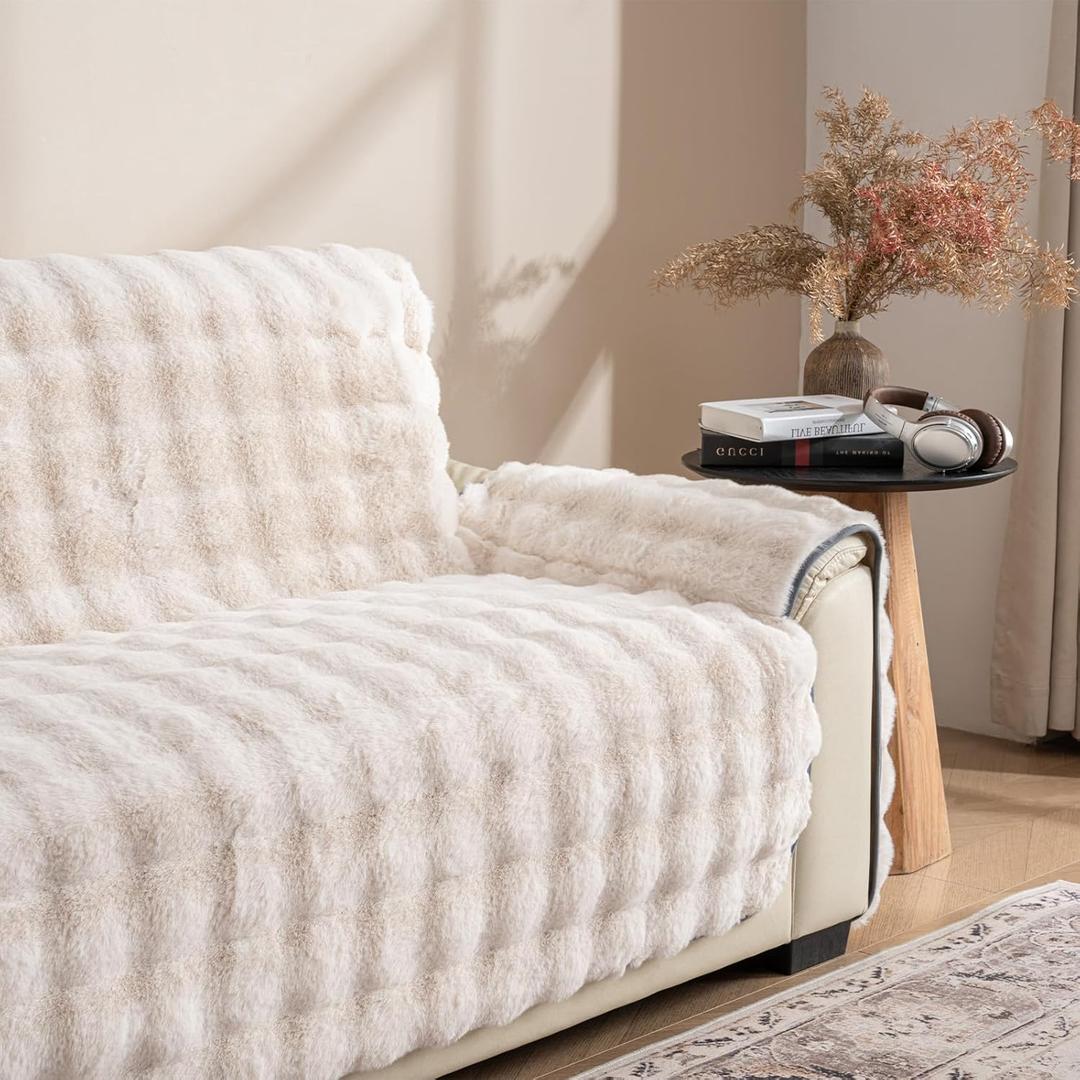 Plush and Fuzzy Shaggy Couch Cover, Dog Pad Faux Fur Sofa Cover, Water Resistant Slipcover, Non-Slip Furniture Protector for Kids,Dogs,Cats.(White-Bubble, Large Sofa)