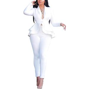 Women's Deep V Neck Ruffle Blazer Two Piece Outfits Sets Long Sleeve Long Pants Bodycon Business Suit Set (Large, White)