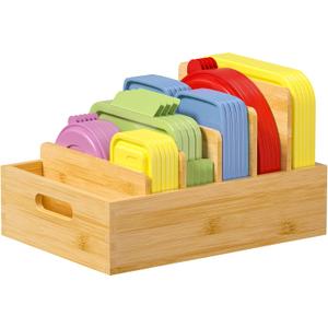 Bamboo Lid Organizers Inside Cabine, Kitchen Cabinet Organizer with 5 Adjustable Dividers, Food Container Plastic Holders for Drawer Pantry, Nature