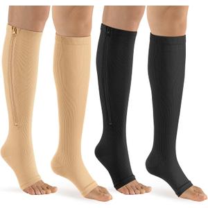bropite Zipper Compression Socks Women & Men - 2Pairs Calf Knee High 15-20mmHg Open Toe Compression Stocking suit for Walking (Small-Medium, C-black/Nude)