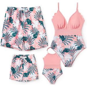 PATPAT Mommy and Me Matching SwimsuitOne Piece V Neck Bathing Suits Leaves Printed Family Swimwear Matching Set (Pink, M)