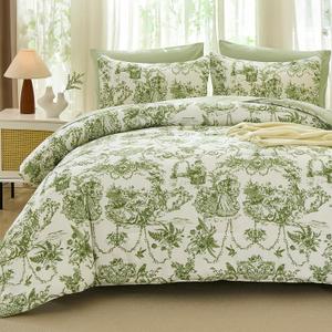 Xruibed Sage Green King Size Comforter set 7 Pieces, Toile de Jouy Botanical Bed in a Bag Boho Comforter Set with Sheet, Pillowcases, Pillowshams, Soft Microfiber Bedding Set for All Season 104''x90''