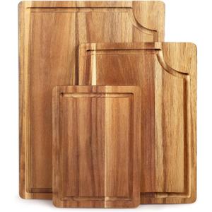 Acacia Wood Cutting Board Set with Juice Groove (3 Pieces), Organic Wooden Cutting Boards for kitchen, Butcher Block Cutting Board for Meat, Vegetable, Wooden Chopping Board 15x10, 12x8, 9x6 inch (Light Brown)