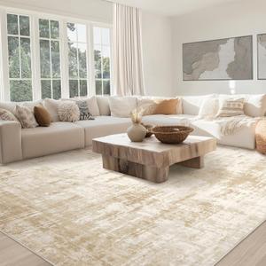 Area Rug Living Room Rugs: 8x10 Machine Washable Rug Large Abstract Modern Soft Non Slip Carpet Indoor Thin Low Pile Carpets for Bedroom Under Dining Table Home Office Farmhouse Decor Beige