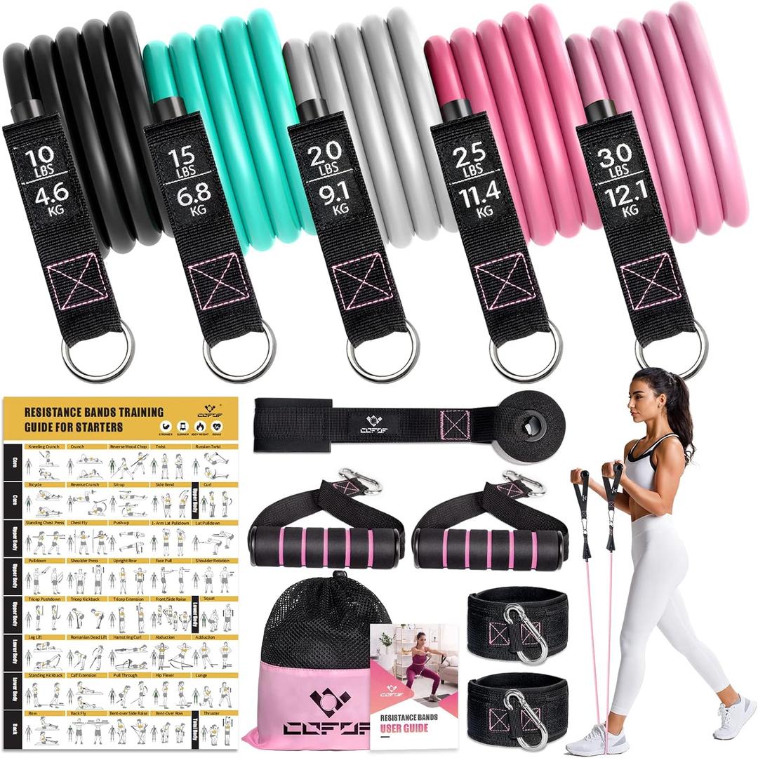 Resistance Bands with Handles for Women, 5 Level Exercise Bands Workout Bands for Physical Therapy, Yoga, Pilates, Door Anchor, Storage Pouch (10-100 LBS Colour)
