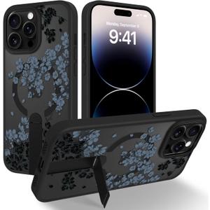 OOK Case Fit for iPhone 14 Pro Max 6.7 Inch (Compatible with MagSafe) Gray Floral Flowers Soft TPU and Hard PC Phone Cover with Kickstand Anti-Scratch Shockproof Protection Magnetic Case for Women