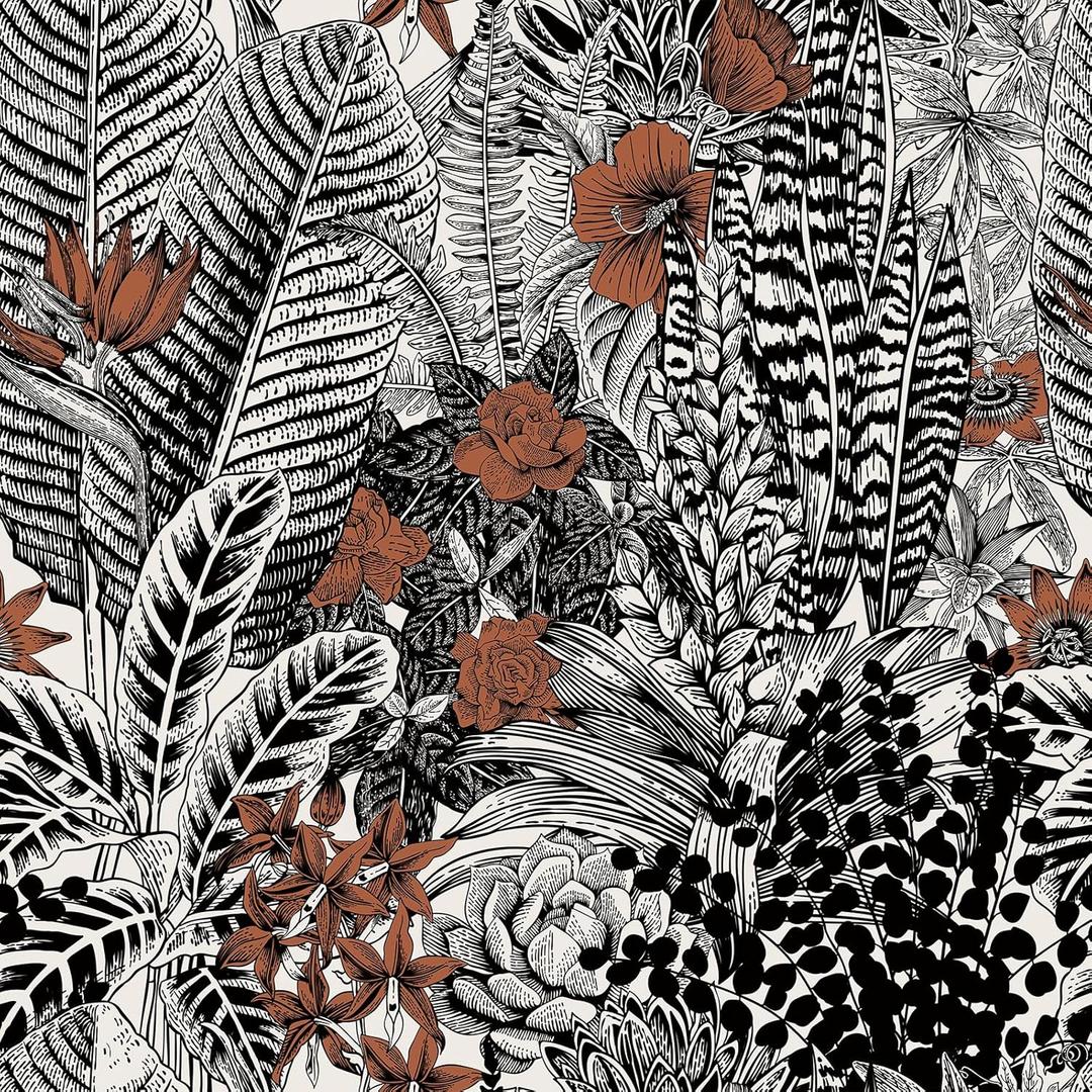 Livelynine Black White Floral Wallpaper Peel and Stick Vintage Burnt Orange Botanical Flower Wall Murals Removable Self Adhesive Bathroom Wall Paper Waterproof Contact Paper Wildflower 17.5x78.8 Inch