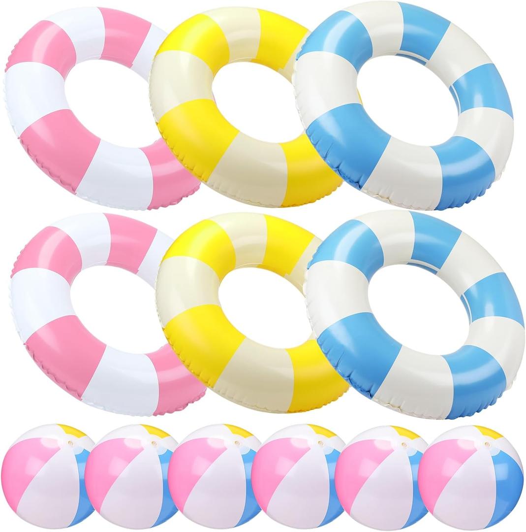 12 Pcs Pool Floats Included 6 Pastel Inflatable Beach Balls and 6 Swimming Rings for Adults, Macaron Beach Balls Striped Tubes for Summer Pool Supplies