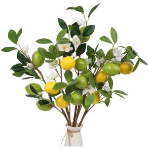 Faux Greenery Artificial Lemon Stems 5 Pcs Faux Lemons Fruit with Stem 24" Fake Lemons Branches Flower Arrangement Lemon Centerpieces Decoration for Home Office Festival Flower Decor(2Yellow+3Green)
