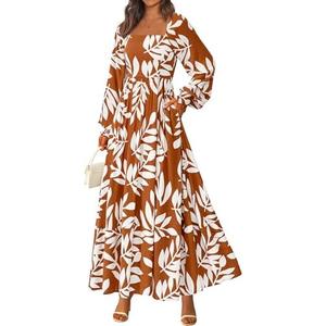PRETTYGARDEN Women Floral Maxi Dresses 2026 Spring Long Sleeve Square Neck Boho A Line Wedding Guest Casual Flowy Long Dress,L
