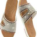 ONCAI Womens Sandals Rhinestone Ladies Flat Slides Glitter Sparkly Summer Casual Comfort Square Open Toe Sandalias Mujer with Outdoor Rubber Soles US Size 10