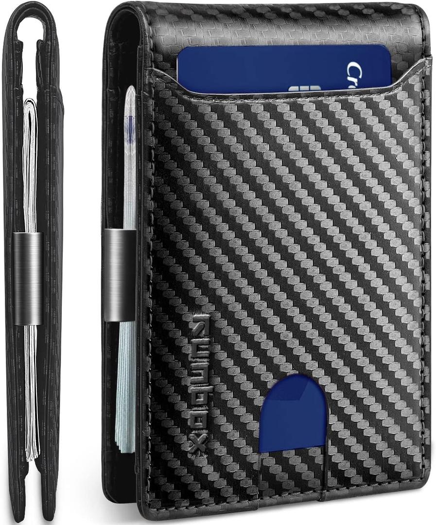 RUNBOX Slim Wallets for Men - Leather Money Clip Mens Wallet - RFID Blocking Front Pocket Bifold Wallet - Thin Credit Card Holder with Gift Box (Carbon Black)