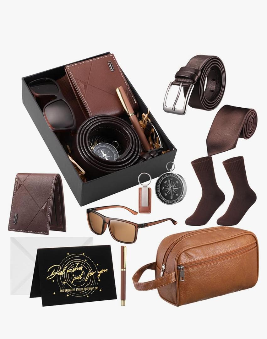Geyoga 12 Pcs Men Birthdays Gift Set with Box for Men Dad Basket PU Leather Wallet Leather Toiletry Bag Tie Socks Belt Keychain Sunglasses Pen Compass Set