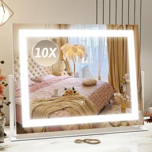 ROLOVE Vanity Mirror with Lights 22"x18", Lighted Makeup Mirror with 10X Magnification, Smart Touch 3 Colors Dimmable, 360 Rotation, Women Gift, Dresser Mount, Bathroom (White)