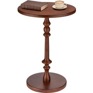 Solid Wood Round Side Table, 15.75" Small Drink Table with Non-Slip Pedestal Base, Modern End Table Accent Table for Living Room and Bedroom, Brown
