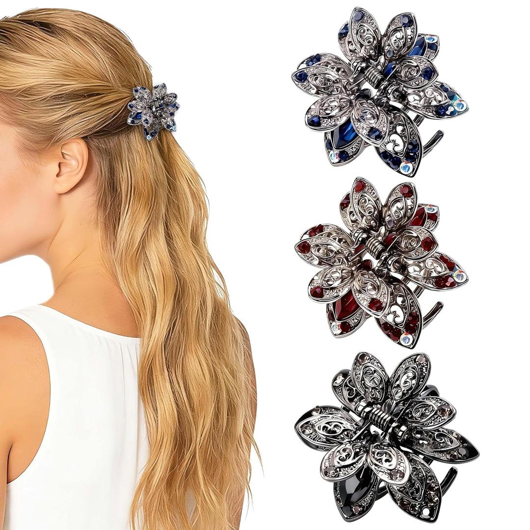 TXIN 3 Pieces Rhinestone Hair Claw Clips Vintage Floral Metal Hair Jaws Retro Decorative Small Hair Barrettes Sparkling Crystal Hair Clamps Pins for Women Girls Hair Styling Accessories