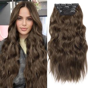 KooKaStyle Clip in Hair Extensions 4PCS Long Wavy Medium Brown Thick Hairpieces for Women Weft Natural Synthetic 20 Inch Daily Use