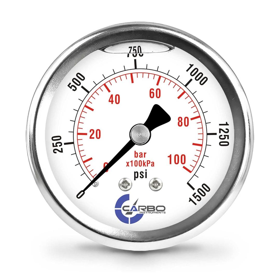 1500 PSI Glycerin Liquid Filled Pressure Gauge, 2.5" Dial, 1/4 NPT Back Mount, 304 Stainless Steel Case, Brass Wetted Parts, Dual Scale PSI/Bar - ASME B40.1 Grade A