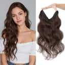 Halo Hair Extensions Real Human Hair Invisible Wire Extensions with Transparent Fish Line Wavy Curly Halo Clip in Human Hairpieces Dark Brown 14 Inch