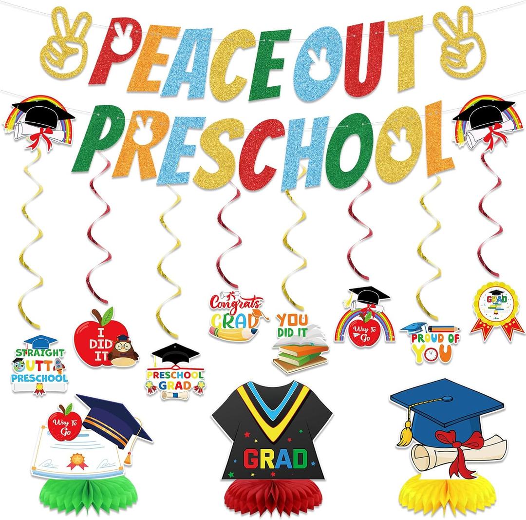 Preschool Graduation Decorations Peace Out Preschool Banner Hanging Swirls Decor Class of 2025 Kindergarten Pre K Graduation Party Supplies for 1st Grade Classroom Decorations