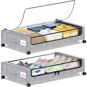 Yeenhoopy Under Bed Storage with Wheels, 2 Pack Under bed Storage Containers with Clear Lids & Zippers, Under Bed Shoe Storage Organizer, Rolling Underbed Storage for Clothes, Shoes, Blankets (Grey)