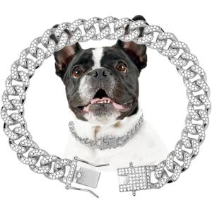 Dog Chain Collar Silver Dog Necklace Diamond Cuban Link Dog Collar 13mm Wide Metal Pet Cat Dog Chain Crystal Collar Jewelry Accessories for Large Medium Small Dogs Cats(Silver,22 Inch)