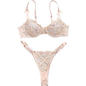 Lilosy Sexy Underwire Cute Push Up Strappy Embroidered Mesh Sheer Lingerie Set See Through Panty Bra (Large, Bow Beige)