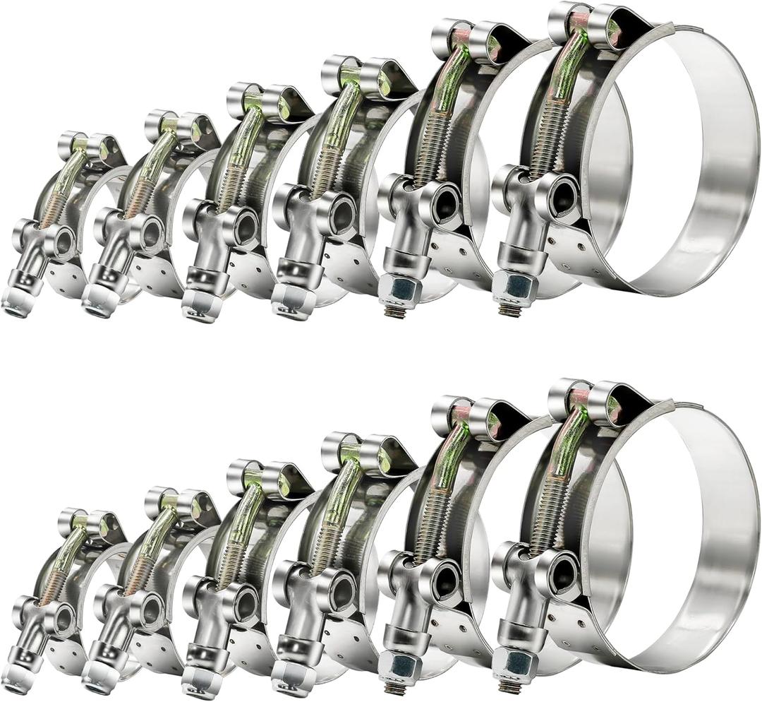 12pcs Hose Clamp Set, T-bolt Radiator Heavy Duty Hose Clamps 6 Size 3/4"~ 2" Working Range 28-64mm, 304 Stainless Steel Turbo Intake Soft Hose Intercooler Clamps