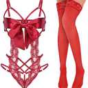 Telooco Women Sexy Lingerie Set Unwrap Me Bow Tie Lingerie with Lace Stockings Smooth Ribbon Lingerie for Valentines Outfit (Red), 15D M-XXL