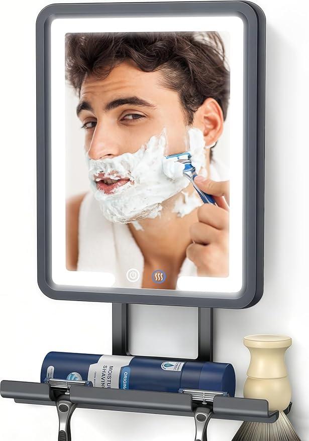 Heated Shower Mirror Fogless for Shaving with 3-Color Dimmable LED Lights, Rechargeable, 360 Degree Adjustable, Drill-Free, All-in-One Storage Tray Holds Shaving Foam, Brush and 2 Razors, Black